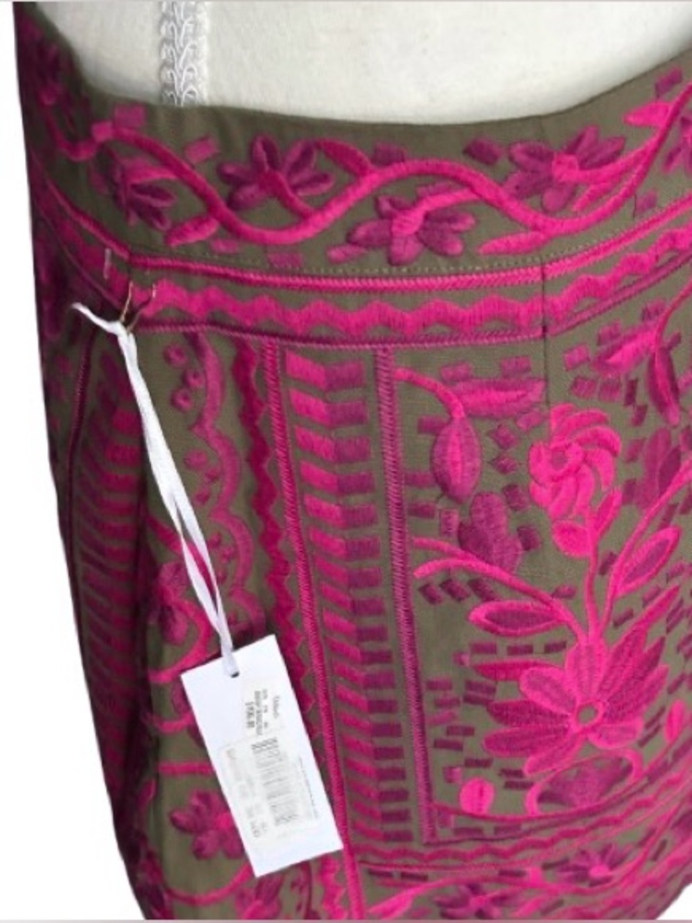 NWT J. MARIE Embroidered Floral Skirt Olive Green Fuchsia Boho Designer Cotton - Picture 8 of 16